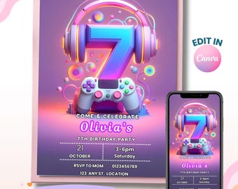 7th Birthday Girl, Gamer Birthday Invitation, Girl Invites, Editable Canva Template, Video Gaming Level Up, Instant Download