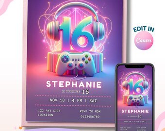 6th Birthday Girl Invitation, Video Gaming Birthday Invite, Girl Invite, Level Up Digital Invite, Instant Download