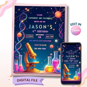 Pode incluir: Um convite digital para uma festa de aniversário com tema científico. O convite apresenta um microscópio dourado, béqueres coloridos e o texto "Jason's 6th Birthday". O convite também inclui o texto "Digital File".
