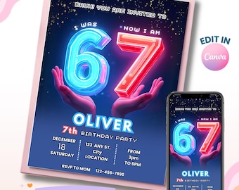 Six Seven Birthday Invitation, I was 6 now I'm 7 Party Invite, Digital Download