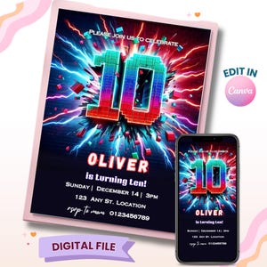 10e verjaardagskaart, dubbele cijfers verjaardagsfeestje, 10e verjaardag jongen jongen, bewerkbare uitnodiging, uitnodiging jongen, digitale download