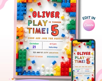 Building Blocks Birthday Party, Bricks Party Kids Birthday Invitation, Digital Invite, Building Blocks Kids Party Invite, Instant Download