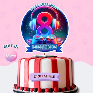 Video Gaming Birthday Cake Topper, Gamer 8. Geburtstag, Canva Vorlage (Digitaler Download)