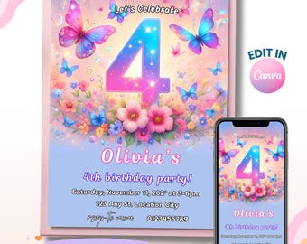 Butterfly 4th Birthday Girl, Garden Flower Invitation, Elegant Cute Birthday Invite, Purple Invitation, Digital Invite, Instant Download