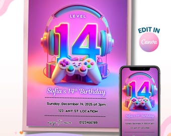 14th Birthday Girl Gamer Invitation, Girl Party Invite, Video Gaming Girl, Purple Invitation, Teen Gamer Birthday Invite, Instant Download