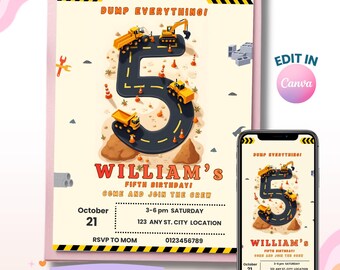 Construction Truck 5th Birthday Invitation, Digging It Party Invite, Digital Download