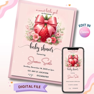Baby showeruitnodiging aardbei, bewerkbare roze babyshoweruitnodiging, Berry Sweet babyshoweruitnodiging, afdrukbare uitnodiging digitale uitnodiging