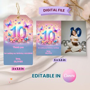 10th Birthday Party Favor Tags, 10th Digital Birthday Party Favors, Butterfly Birthday Tags, Customize Thank You Tag, Digital Download