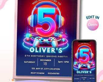 5th Birthday Boy, Video Gaming Boy Birthday Invitation, Level Up Party Invite, Boy Invitation, Digital Invite, Instant Download