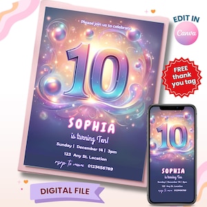 10. Geburtstagseinladung Vorlage, bearbeitbare Mädchen Geburtstag einladen, Mädcheneinladung, zweistellig, druckbare Einladung, digitaler Download