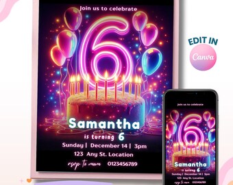6th Birthday Cake Candle Celebration, Girl 6th Party Invite, Neon Glow Invitation, Girl Invites, Digital Invitation, Instant Download