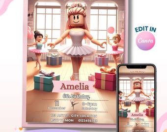Whimsical Ballet Birthday Invitation Template, Pink Ballerina Invite, Roblox Invite, Girl Ballet Party, Digital Download