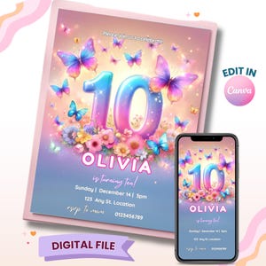 Invito a farfalla, invito per il decimo compleanno, invito modificabile per compleanno di una bambina, invito per bambina, cifre doppie, invito digitale stampabile