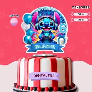 Stitch Birthday Party Cake Topper, Stitch Editable Birthday Cake Topper, Printable Birthday Cake Topper, Digital Gamer, Party Favors Digital
