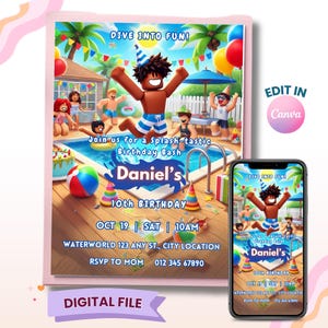 May include: A digital birthday invitation with a pool party theme. The invitation features cartoon illustrations of people in a pool, the text "DIVE INTO FUN!" and "Join us for a Splash-tastic Birthday Bash". The invitation is for Daniel's 10th birthday.