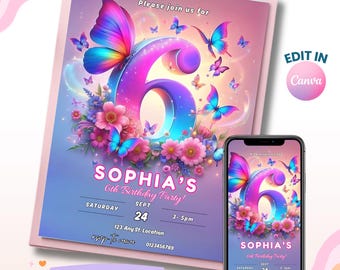 6th Birthday Invitation Girl, Butterfly Invitation, Editable 6th Birthday Invite, Kids Birthday Party, Digital Download, Printable Invites