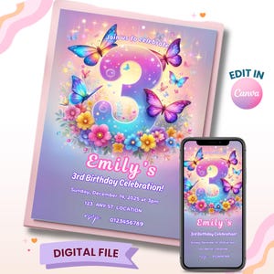 3rd Birthday Invitation, Butterfly Invitation, Editable 3rd Birthday Party Invite, Editable Invitation, Toddler Invite, Digital Download