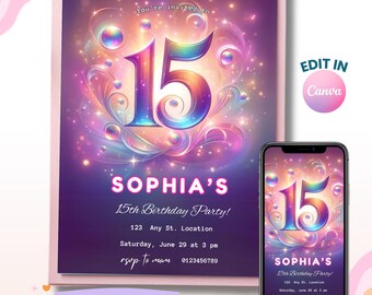 Editable 15th Birthday Invitation, Rainbow Party Invite, Canva Template (Digital Download)