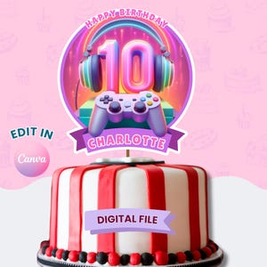 Gamer Cake Topper, Video Game Cupcake Toppers, Girl Cake Topper, 10th Birthday Party, Cake Decoration, Game Controller, Digital Download
