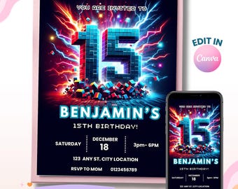 15th Birthday Boy, Building Blocks Party Invite, Editable Boy Birthday Invitation, Canva Template, Digital Invite, Instant Download