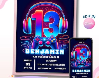 13th Birthday Boy, Gamer Boy Party, Video Gaming Invite, Boy Invitation, Level Up Party Invite, Digital Invite, Instant Download