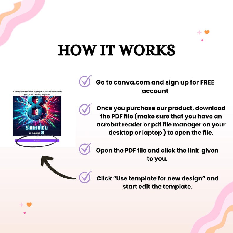 May include: A graphic with the text "HOW IT WORKS" and instructions for using a template. The steps include signing up for a Canva account, downloading a PDF, opening the PDF, and using the template. The image includes a colorful design with the number 8 and the name SAMUEL.
