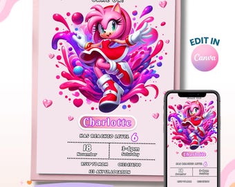 Sonic Girl Amy Rose Birthday Party Invite, Editable Sonic Birthday Invitation, Girl Invite, Digital Invite, Instant Download
