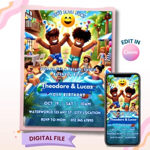 Twin Boy Birthday Party, Kids Party Invites, Roblox Invite, Pool Party Invite, Digital Download