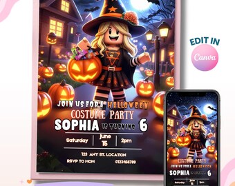 Roblox Girl Halloween Birthday Invitation, Costume Party Invite (Digital Download)