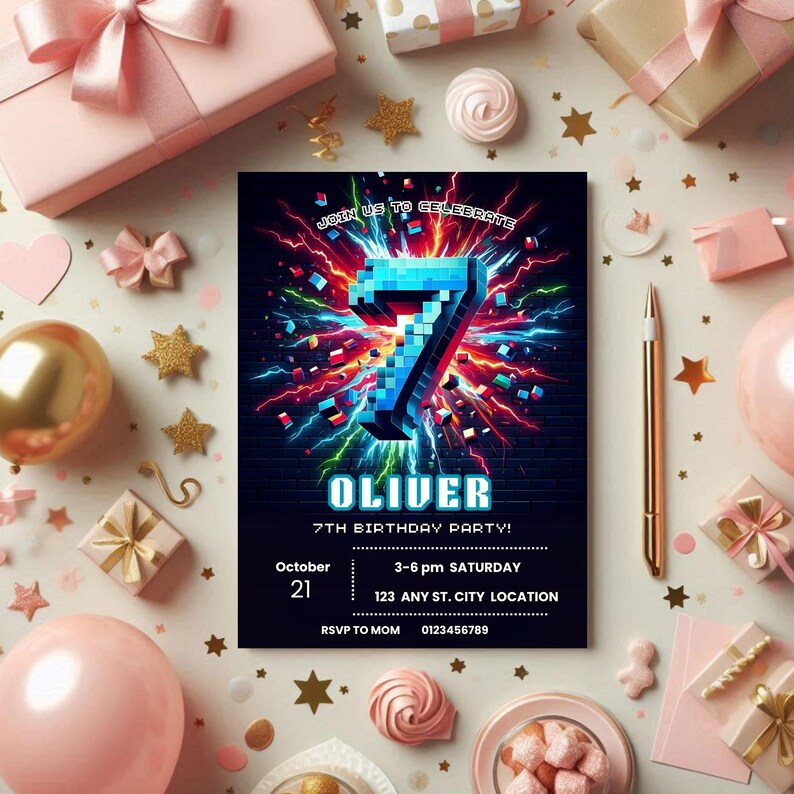 7th Birthday Boy, Editable 7th Birthday Invitation, Number 7, Boy Birthday Invitation, Boy Invites, Kids Party Invite, Editable Invitation image 5