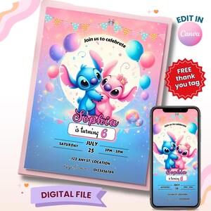Stitch and Angel Birthday Invitation,  Stitch Birthday Party Invitation Template, Stitch Editable Birthday Invite, Printable  Invitation