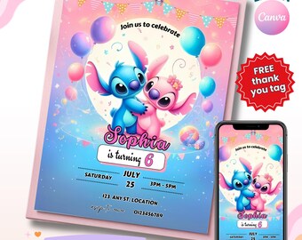 Stitch Birthday Invitation Template, Editable Party Invite, Digital Download