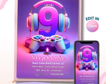 9th Birthday Girl Invitation, Video Gaming Invite, Girl Invites, Level Up Party, Editable Canva Template, Digital Invite, Instant Download