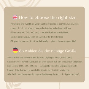 May include: A beige graphic with text in English and German, offering instructions on how to measure for a product. The text includes measurements in centimeters, and advises leaving space for a balanced look. The text also mentions that some pieces may vary in size.