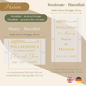 May include: Two wedding sign designs with gold text on a clear background. One sign reads "WELCOME to our Beginning Sara & Hamza 03 | 07 | 2025". The other sign reads "WILLKOMMEN ZU UNSERER HOCHZEIT Selina und Ekrem 22 | 05 | 2025".