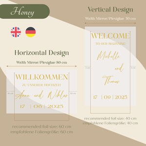 May include: A design layout for wedding signage. The image shows two options: a horizontal design with dimensions of 80 cm wide and a vertical design at 50 cm wide. Both designs include text with names and dates, with recommended foil sizes.