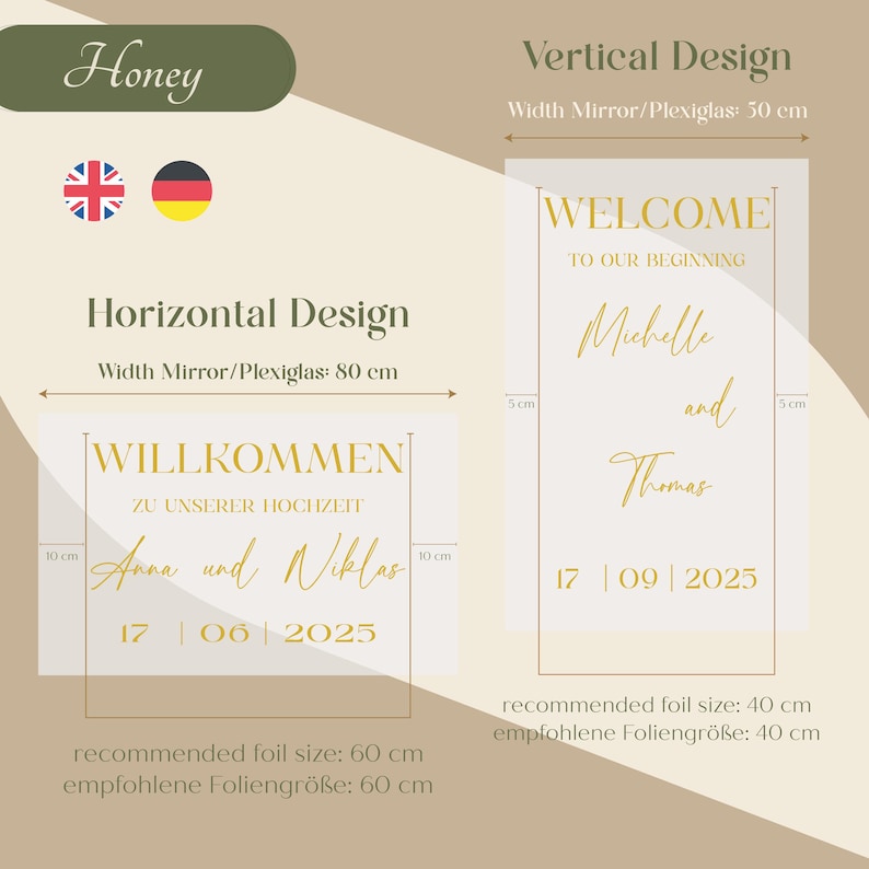 May include: A design layout for wedding signage. The image shows two options: a horizontal design with dimensions of 80 cm wide and a vertical design at 50 cm wide. Both designs include text with names and dates, with recommended foil sizes.