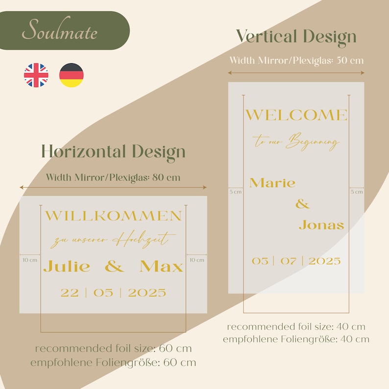 May include: A diagram showing two wedding sign designs. The horizontal design is 80 cm wide, and the vertical design is 30 cm wide. Both designs feature gold text with names and dates. The image includes the text "Soulmate".