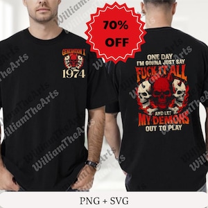 May include: Black t-shirt with a Generation X skull graphic and the year 1974. The back of the shirt features a skull design with the text "One day I'm gonna just say F*** it all and let my demons out to play." A red 70% off sticker is visible.