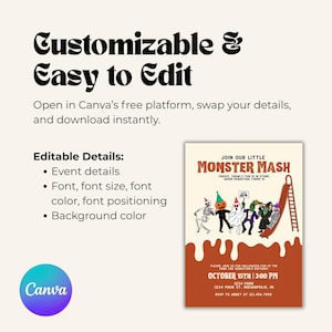 Promotional graphic showing a Monster Mash invitation on the right, with text highlighting that the template is customizable in Canva. Editable details listed include event details, fonts, colors, and background color.