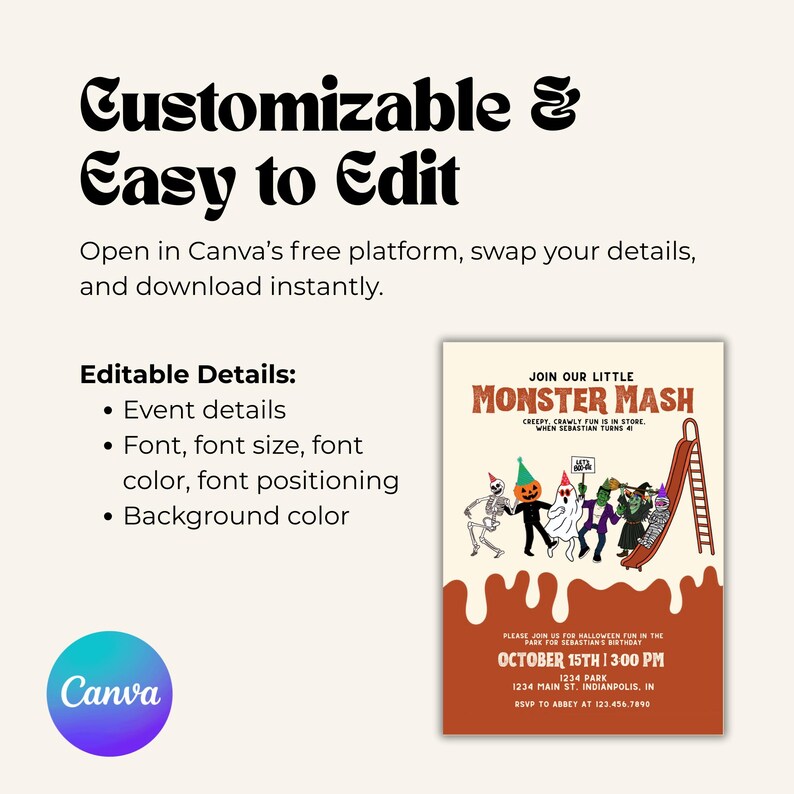 Promotional graphic showing a Monster Mash invitation on the right, with text highlighting that the template is customizable in Canva. Editable details listed include event details, fonts, colors, and background color.