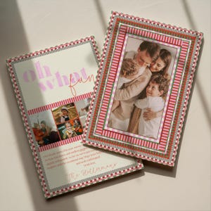 Modern holiday photo card template featuring pink, red, and green striped borders with playful text reading ‘oh what fun.’ Includes full-photo front design and multi-photo collage back layout with a warm family message.