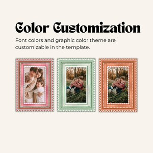 Color customization preview showing three versions of the Oh What Fun holiday card template in red, green, and orange stripe color themes with family photo examples.