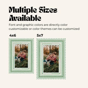 Comparison graphic showing 4x6 and 5x7 sizes of Oh What Fun holiday card template in green striped border design, highlighting customizable font and color options.