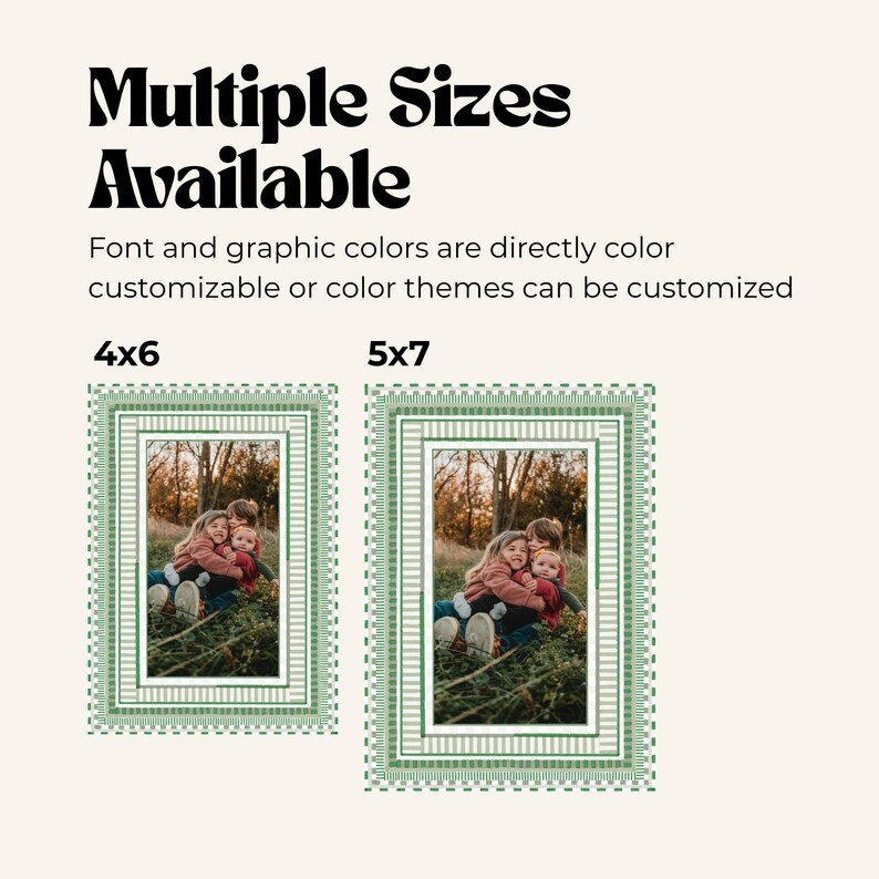 Comparison graphic showing 4x6 and 5x7 sizes of Oh What Fun holiday card template in green striped border design, highlighting customizable font and color options.