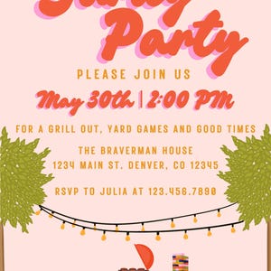 Customizable Yardy Party invitation template with cooler, grill, cornhole and jenga games