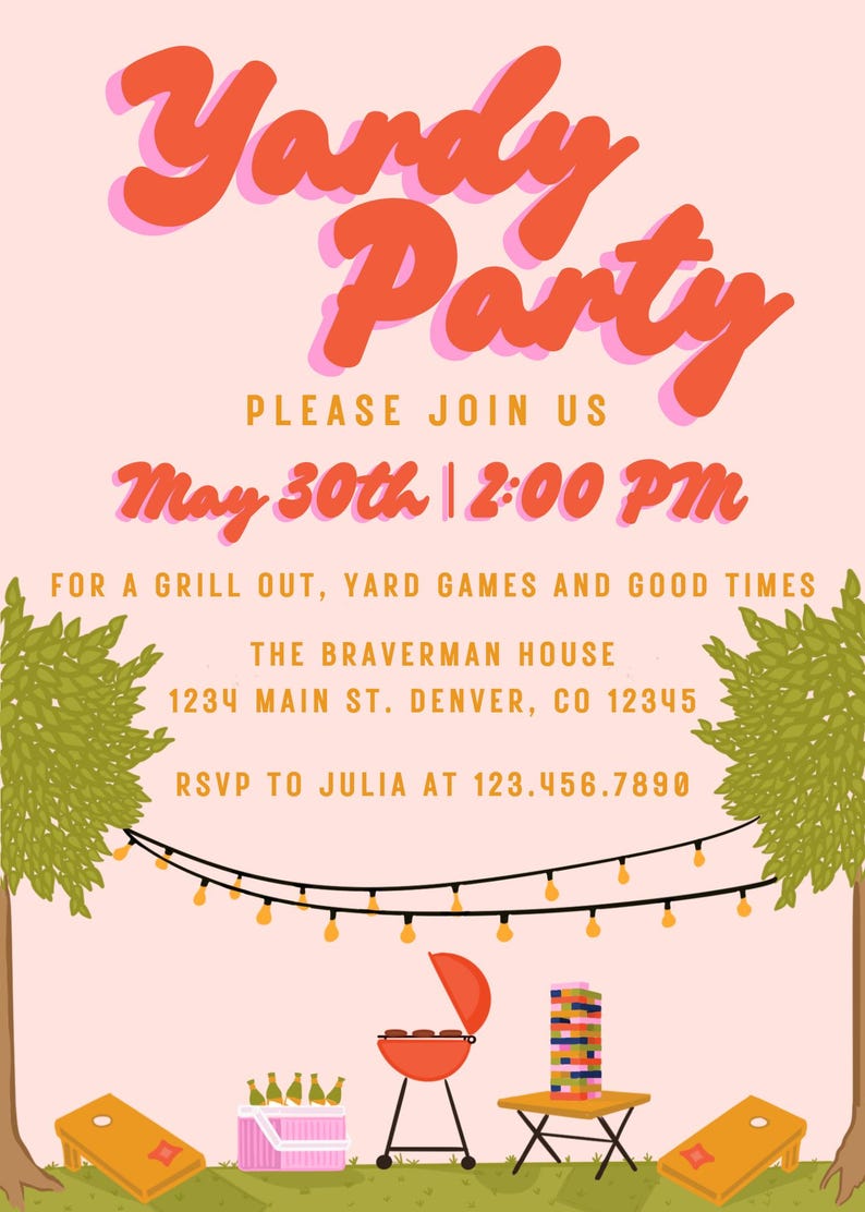 Customizable Yardy Party invitation template with cooler, grill, cornhole and jenga games