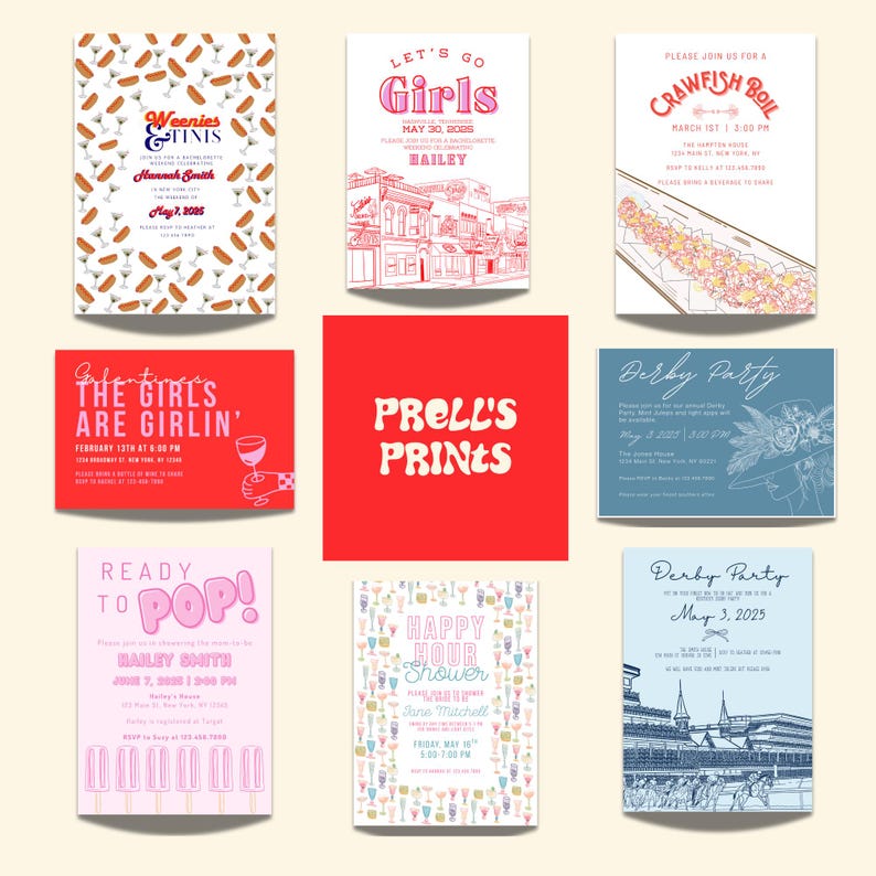 May include: A collection of invitation cards with various designs. Themes include a bachelorette party, a crawfish boil, a derby party, and a happy hour shower. The cards feature text and illustrations in a variety of colors.