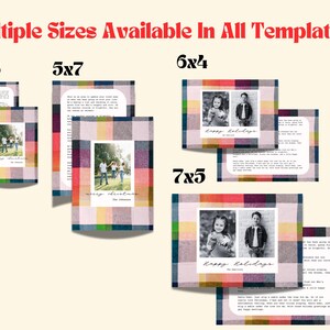 May include: Five different sizes of holiday cards with plaid patterns and photos of families. The sizes are 4x6, 5x7, 6x4, 7x5, and 4x6. The text on the cards says "Merry Christmas" and "Happy Holidays".