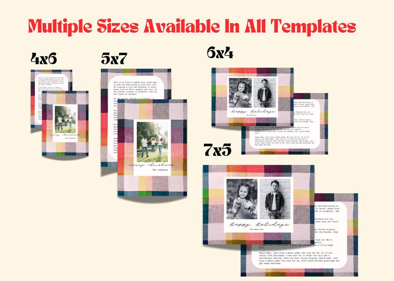 May include: Five different sizes of holiday cards with plaid patterns and photos of families. The sizes are 4x6, 5x7, 6x4, 7x5, and 4x6. The text on the cards says "Merry Christmas" and "Happy Holidays".